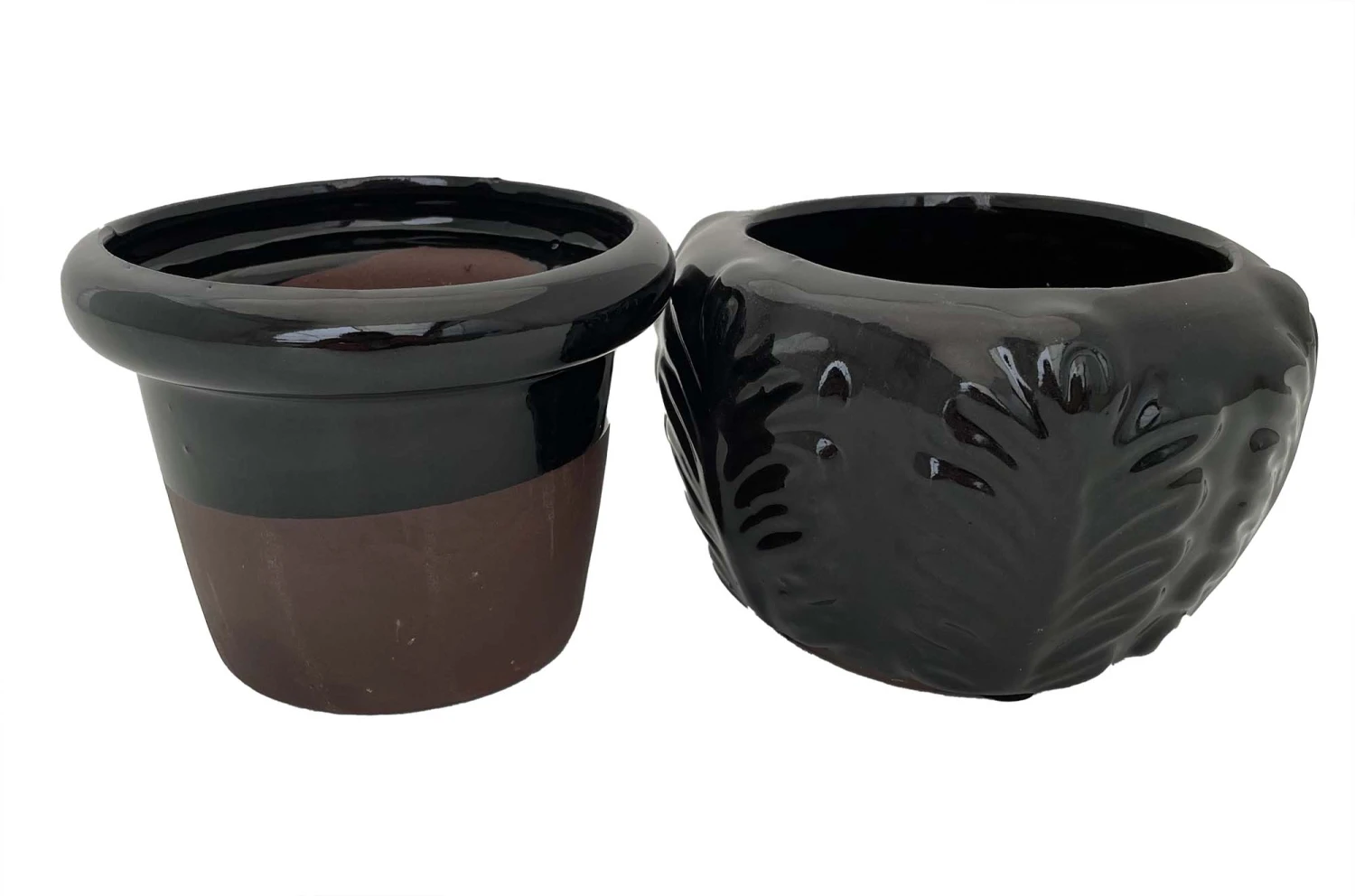 Leaf Self Watering Glazed Ceramic Pot - Black - 6.25 X 4.75" 2 Leaf Self Watering Glazed Ceramic Pot - Black - 6.25 X 4.75" - Image 2