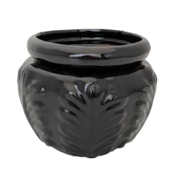 Leaf Self Watering Glazed Ceramic Pot - Black - 6.25 X 4.75"