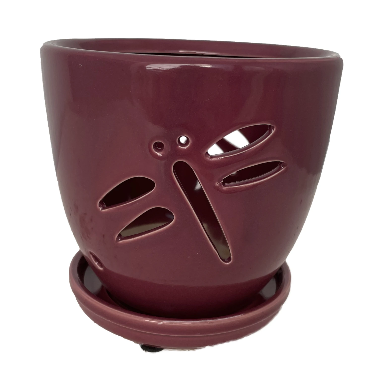Dragonfly Plum Ceramic Orchid Pot And Saucer + Felt Feet-5 1/2" X 5 1/4" 1 Dragonfly Plum Ceramic Orchid Pot And Saucer + Felt Feet-5 1/2" X 5 1/4"
