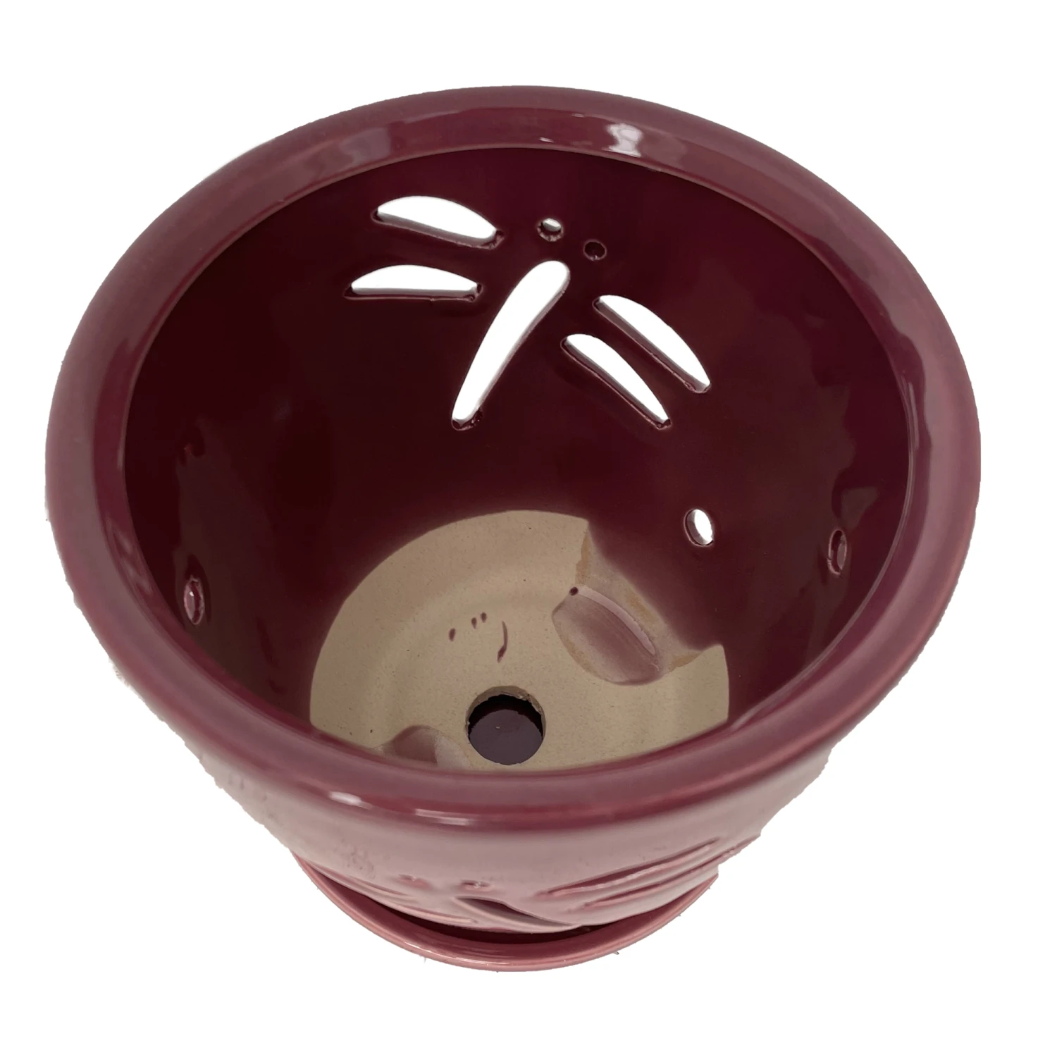 Dragonfly Plum Ceramic Orchid Pot And Saucer + Felt Feet-5 1/2" X 5 1/4" 2 Dragonfly Plum Ceramic Orchid Pot And Saucer + Felt Feet-5 1/2" X 5 1/4" - Image 2