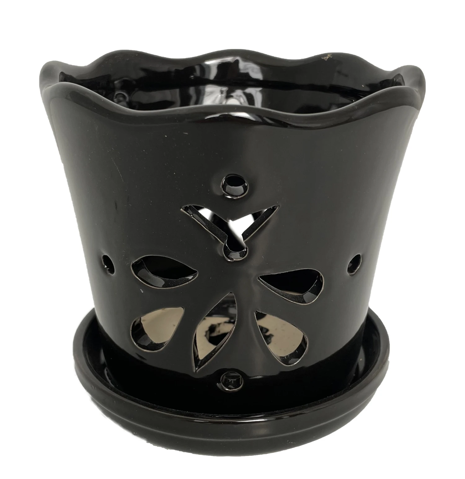 Butterfly Ceramic Orchid Pot/Saucer 5" X 5" - Black 1 Butterfly Ceramic Orchid Pot/Saucer 5" X 5" - Black