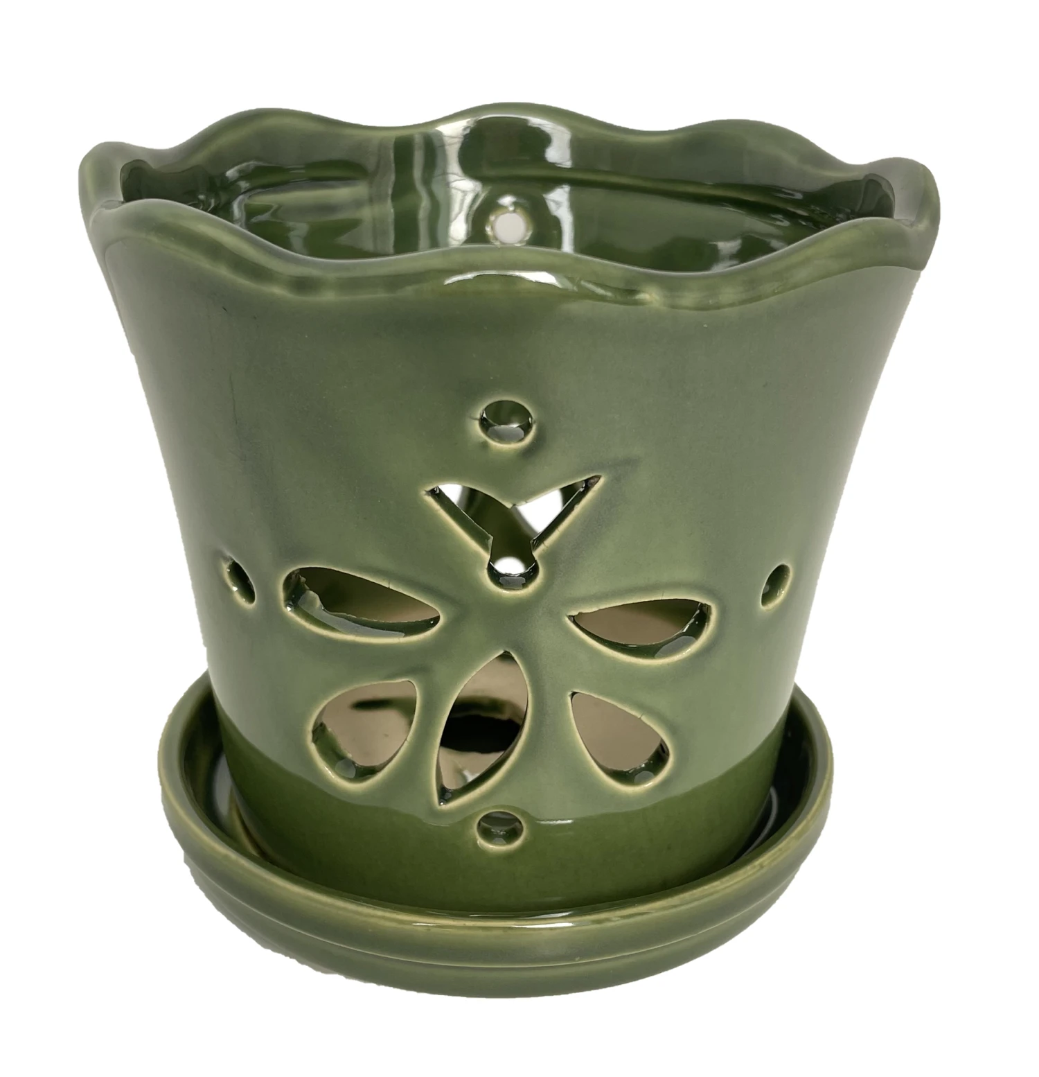 Butterfly Ceramic Orchid Pot/Saucer 5" X 5" - Green 1 Butterfly Ceramic Orchid Pot/Saucer 5" X 5" - Green