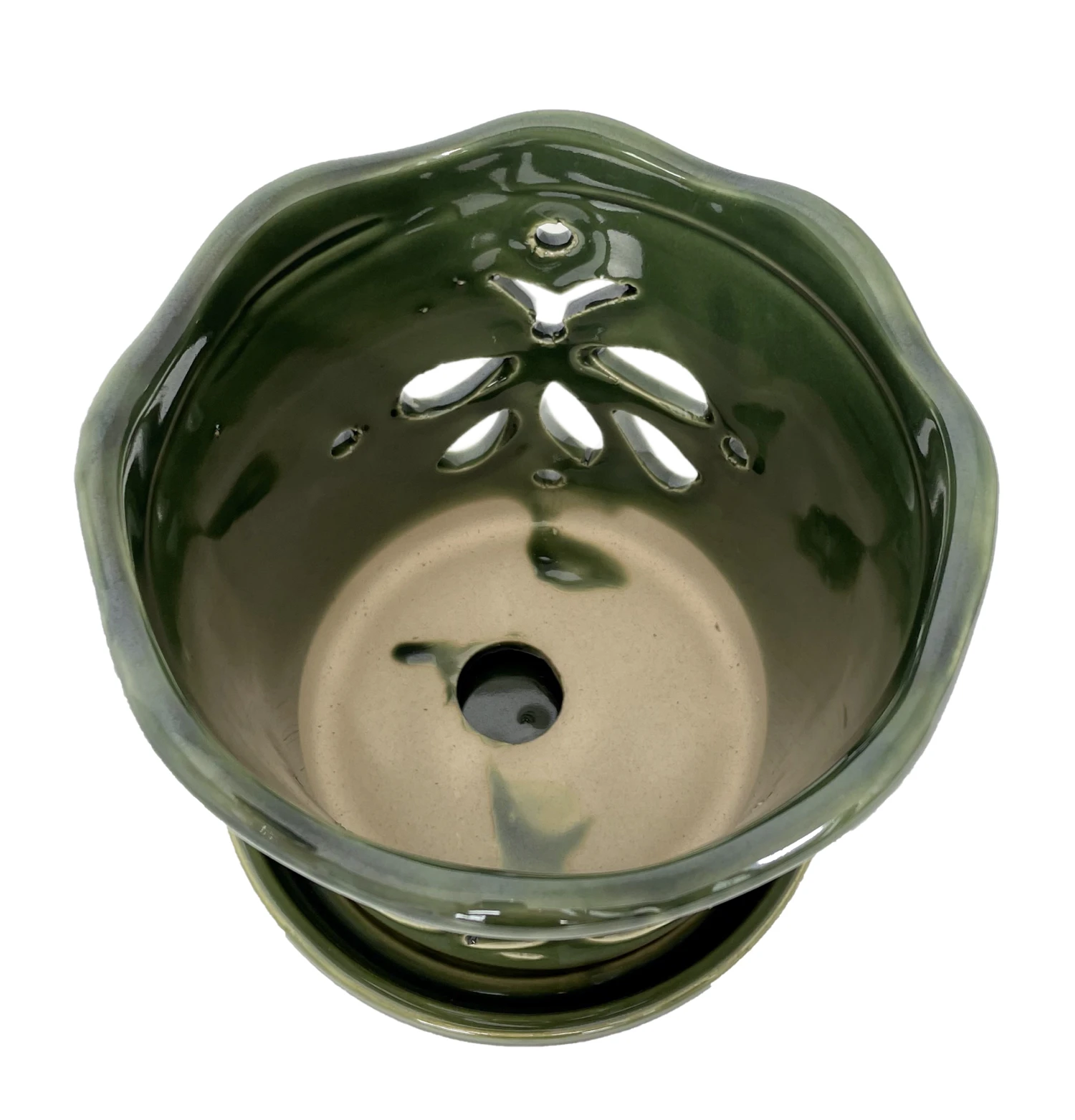 Butterfly Ceramic Orchid Pot/Saucer 5" X 5" - Green 2 Butterfly Ceramic Orchid Pot/Saucer 5" X 5" - Green - Image 2
