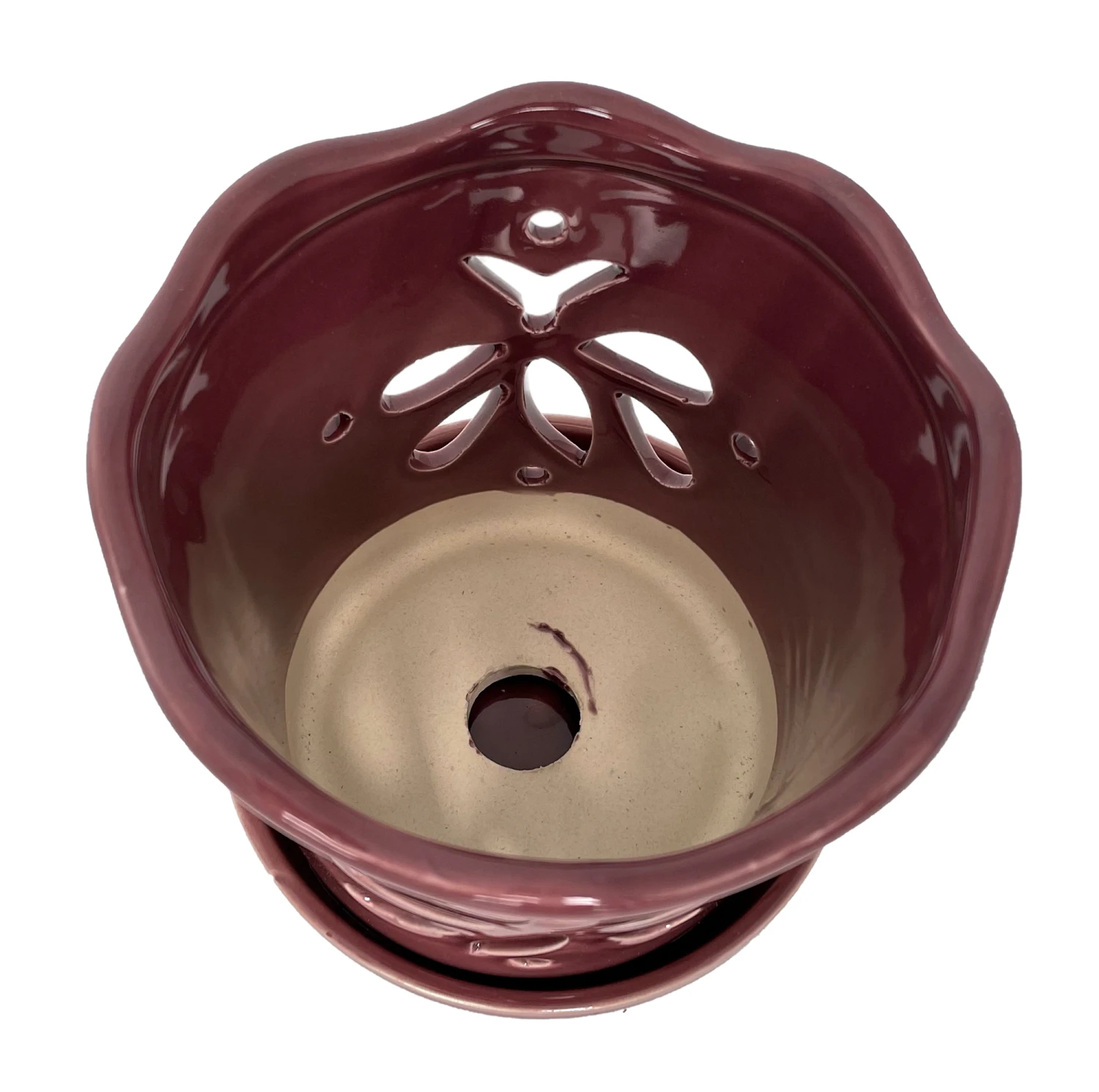 Butterfly Ceramic Orchid Pot/Saucer 5" X 5" - Plum 2 Butterfly Ceramic Orchid Pot/Saucer 5" X 5" - Plum - Image 2