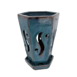 High Style Ceramic Orchid Pot/Saucer - 6 1/8" X 8" - Dark Moss Green Hexagon