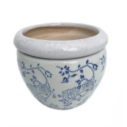 Blue And White Floral Self Watering Glazed Ceramic Pot - 6 1/2" X 4 1/4"