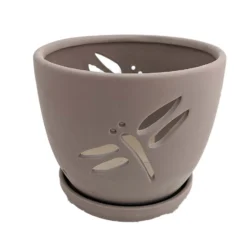 Dragonfly Matte Gray Ceramic Orchid Pot And Saucer + Felt Feet-5 1/2" X 5 1/4"