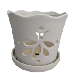 Matte White Butterfly Ceramic Orchid Pot With Attached Saucer - 5" X 5"