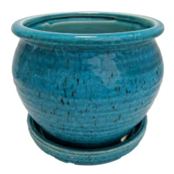 Speckle Planter With Attached Saucer - Turquoise - 6" X 5 1/2"