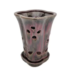 High Style Ceramic Orchid Pot/Saucer - 6 1/8" X 8" - Oxblood Red Flower