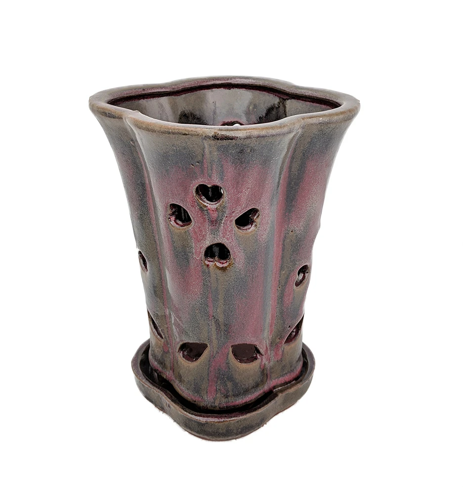 High Style Ceramic Orchid Pot/Saucer - 6 1/8" X 8" - Oxblood Red Flower 1 High Style Ceramic Orchid Pot/Saucer - 6 1/8" X 8" - Oxblood Red Flower