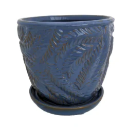 Beach Fern Ceramic Pot With Attached Saucer - Blue Yonder - 5" X 4.75"