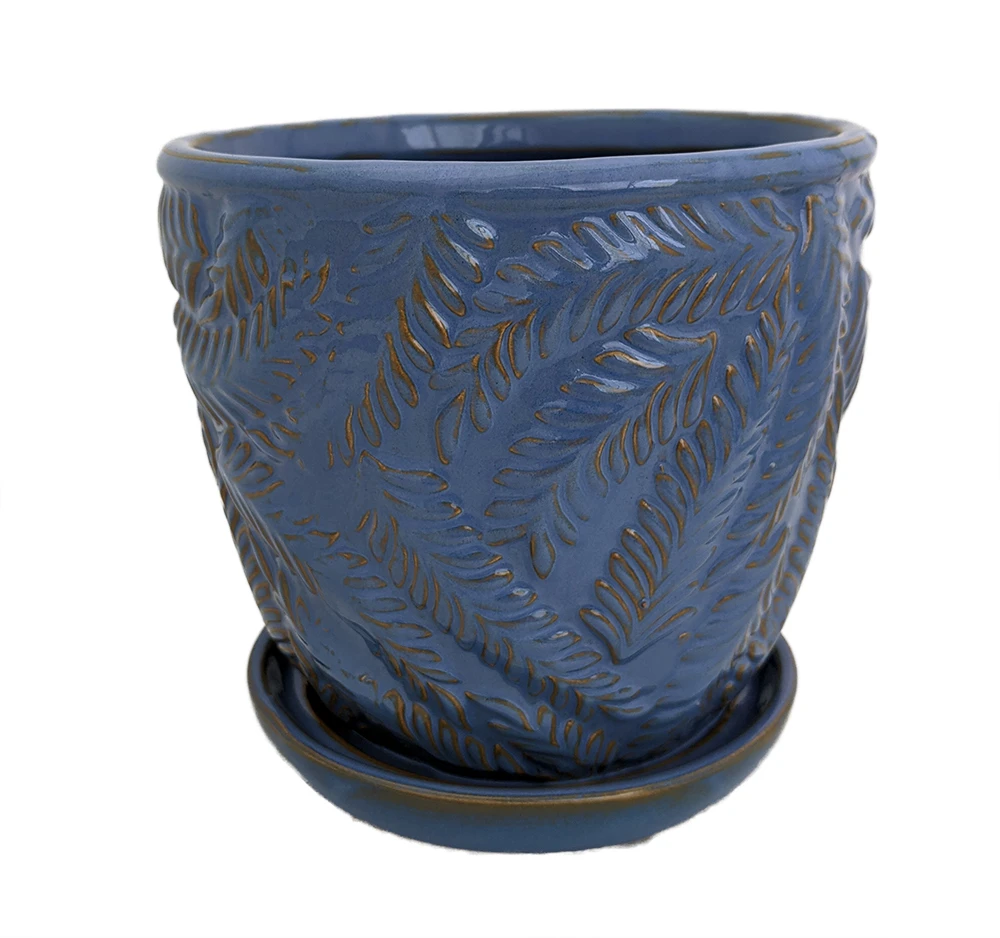 Beach Fern Ceramic Pot With Attached Saucer - Blue Yonder - 5" X 4.75" 1 Beach Fern Ceramic Pot With Attached Saucer - Blue Yonder - 5" X 4.75"