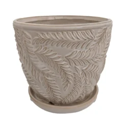 Beach Fern Ceramic Pot With Attached Saucer - Moonstone - 5" X 4.75"