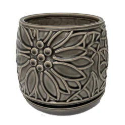 Botanical Delica Ceramic Pot With Attached Saucer - 6" X 6.25" - Grey