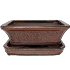 Ceramic Bonsai Pot/Saucer - Copper Flared - 6 1/8" X 4 1/2" X 2"