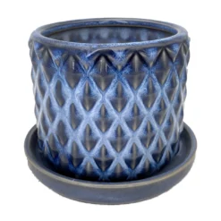 Diamond Blue Ceramic Pot With Attached Saucer - 4.5" X 4.25"