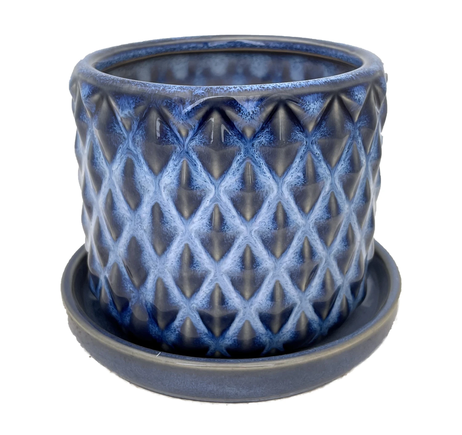 Diamond Blue Ceramic Pot With Attached Saucer - 4.5" X 4.25" 1 Diamond Blue Ceramic Pot With Attached Saucer - 4.5" X 4.25"