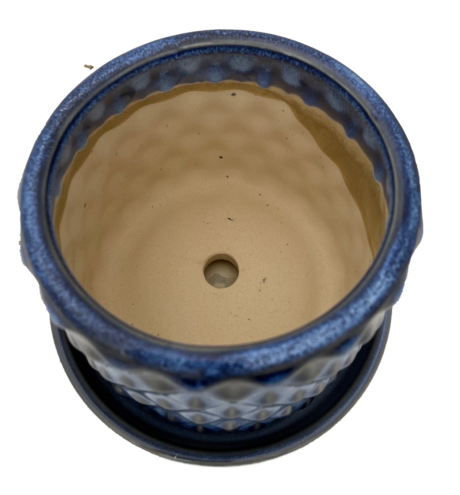 Diamond Blue Ceramic Pot With Attached Saucer - 4.5" X 4.25" 2 Diamond Blue Ceramic Pot With Attached Saucer - 4.5" X 4.25" - Image 2