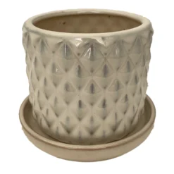 Diamond Pearl Ceramic Pot With Attached Saucer - 4.5" X 4.25"