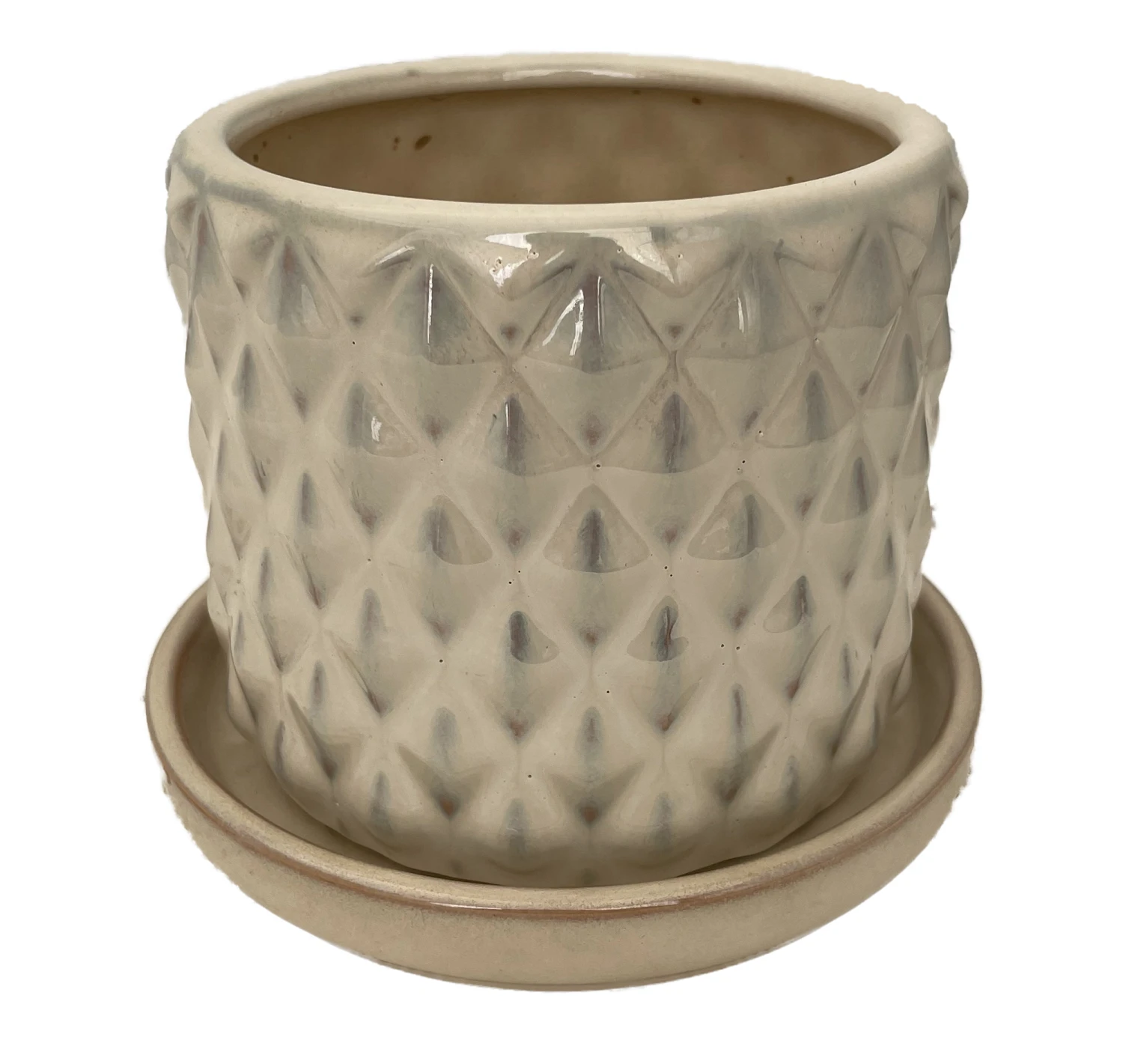 Diamond Pearl Ceramic Pot With Attached Saucer - 4.5" X 4.25" 1 Diamond Pearl Ceramic Pot With Attached Saucer - 4.5" X 4.25"