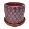 Diamond Red Ceramic Pot With Attached Saucer - 4.5" X 4.25"