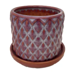 Diamond Red Ceramic Pot With Attached Saucer - 4.5" X 4.25"