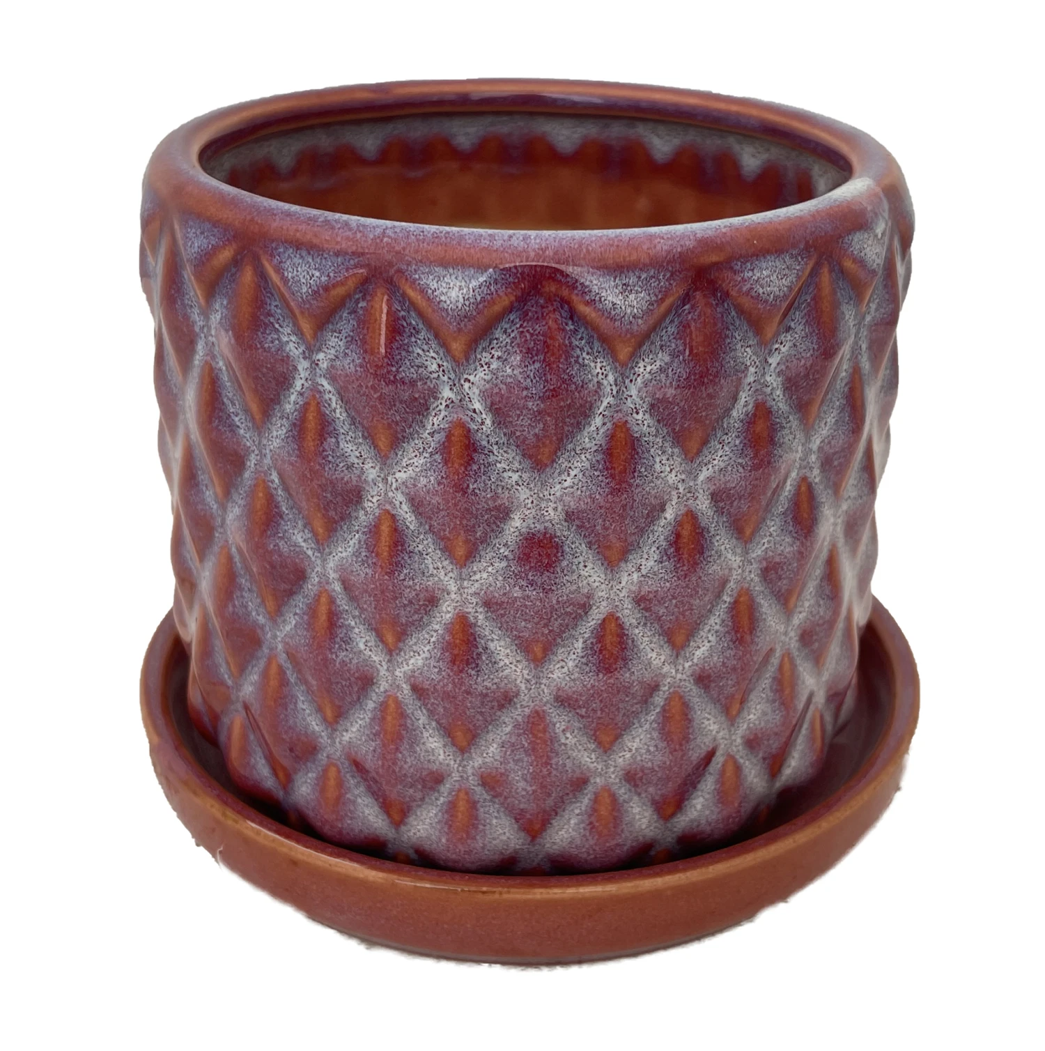 Diamond Red Ceramic Pot With Attached Saucer - 4.5" X 4.25" 1 Diamond Red Ceramic Pot With Attached Saucer - 4.5" X 4.25"