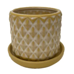 Diamond Yellow Ceramic Pot With Attached Saucer - 4.5" X 4.25"