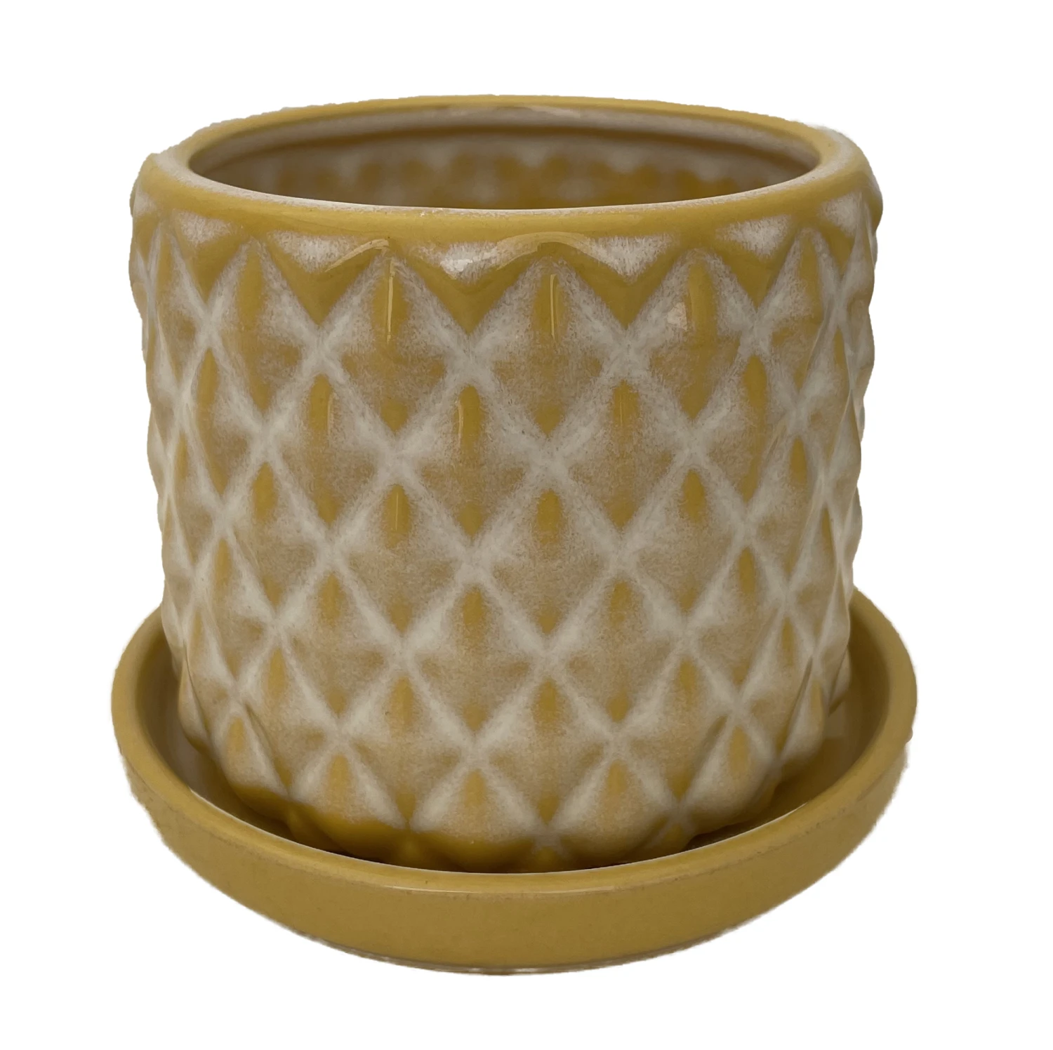 Diamond Yellow Ceramic Pot With Attached Saucer - 4.5" X 4.25" 1 Diamond Yellow Ceramic Pot With Attached Saucer - 4.5" X 4.25"