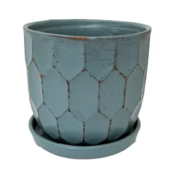 Distressed Honeycomb Ceramic Planter With Attached Saucer - Sky - 5.5" X 5.5"