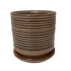 Ellora Ceramic Planter With Attached Saucer - Taupe - 4.5" X 4.25"