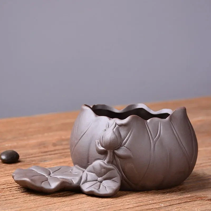 Creative Lotus Leaf Ceramic Planter With Live Miniature African Violet 2 Creative Lotus Leaf Ceramic Planter With Live Miniature African Violet - Image 2