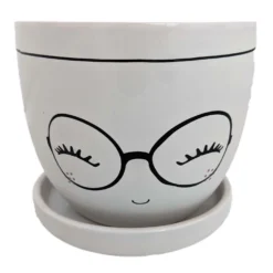 Miss Priss Ceramic Face Pot With Attached Saucer - Glasses - 5" X 4.25"