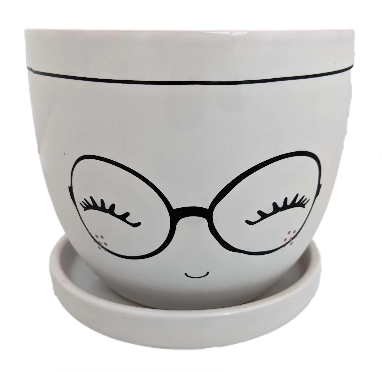 Miss Priss Ceramic Face Pot With Attached Saucer - Glasses - 5" X 4.25" 1 Miss Priss Ceramic Face Pot With Attached Saucer - Glasses - 5" X 4.25"