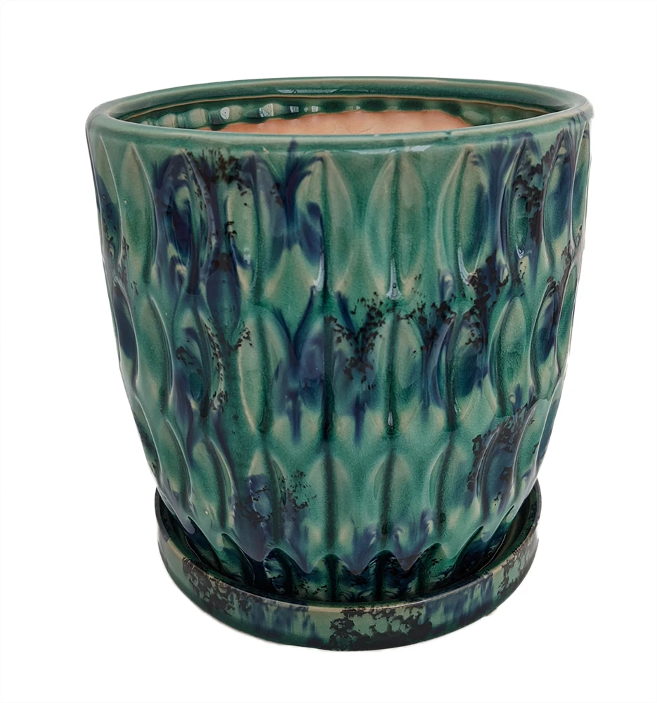 Morrocroft Ceramic Egg Pot With Attached Saucer - 5.25" X 5" - Turquoise Leaf 1 Morrocroft Ceramic Egg Pot With Attached Saucer - 5.25" X 5" - Turquoise Leaf