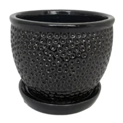 Pebble Black Ceramic Pot With Attached Saucer - 5.5" X 4.75"