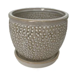 Pebble Beige Ceramic Pot With Attached Saucer - 5.5" X 4.75"