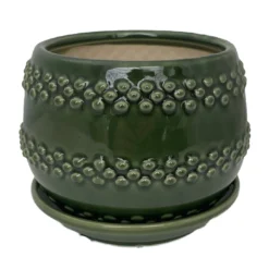 Seneca Ceramic Pot With Attached Saucer - 5" X 4.25" - Emerald