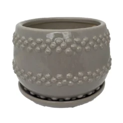 Seneca Ceramic Pot With Attached Saucer - 5" X 4.25" - Light Grey