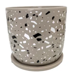Terrazzo Speckle Planter With Attached Saucer - Grey - 6" X 5.75"